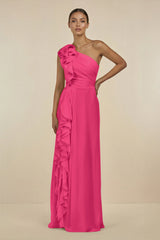 Fuchsia Ruffled One-Shoulder Pleated Sheath Bridesmaid Dress | KISSBRIDAL