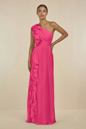 Fuchsia Ruffled One-Shoulder Pleated Sheath Bridesmaid Dress | KISSBRIDAL