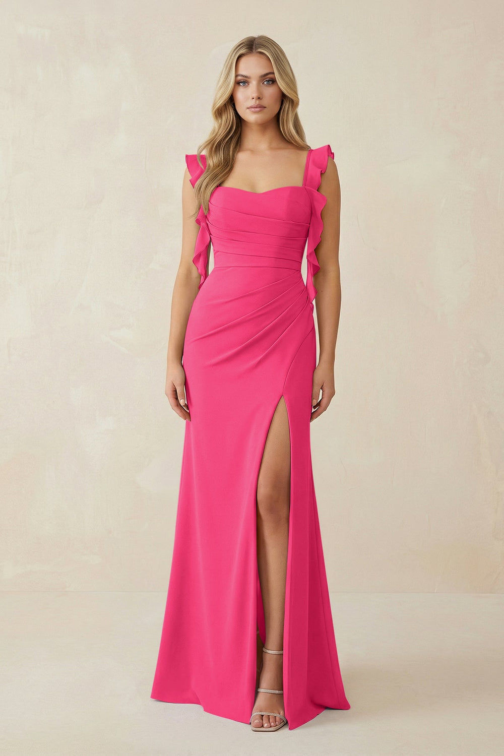 Ruffled Sleeve Ruched Sheath Chiffon Bridesmaid Dress in Fuchsia