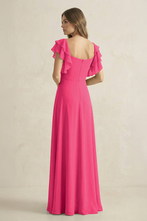 Fuchsia Ruffled Sleeves A-Line Chiffon Bridesmaid Dress (2) | KISSBRIDAL