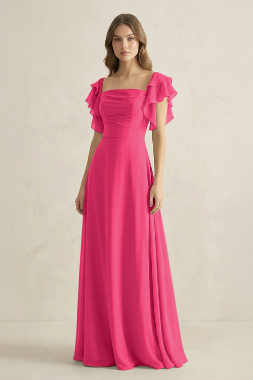 Fuchsia Ruffled Sleeves A-Line Chiffon Bridesmaid Dress | KISSBRIDAL