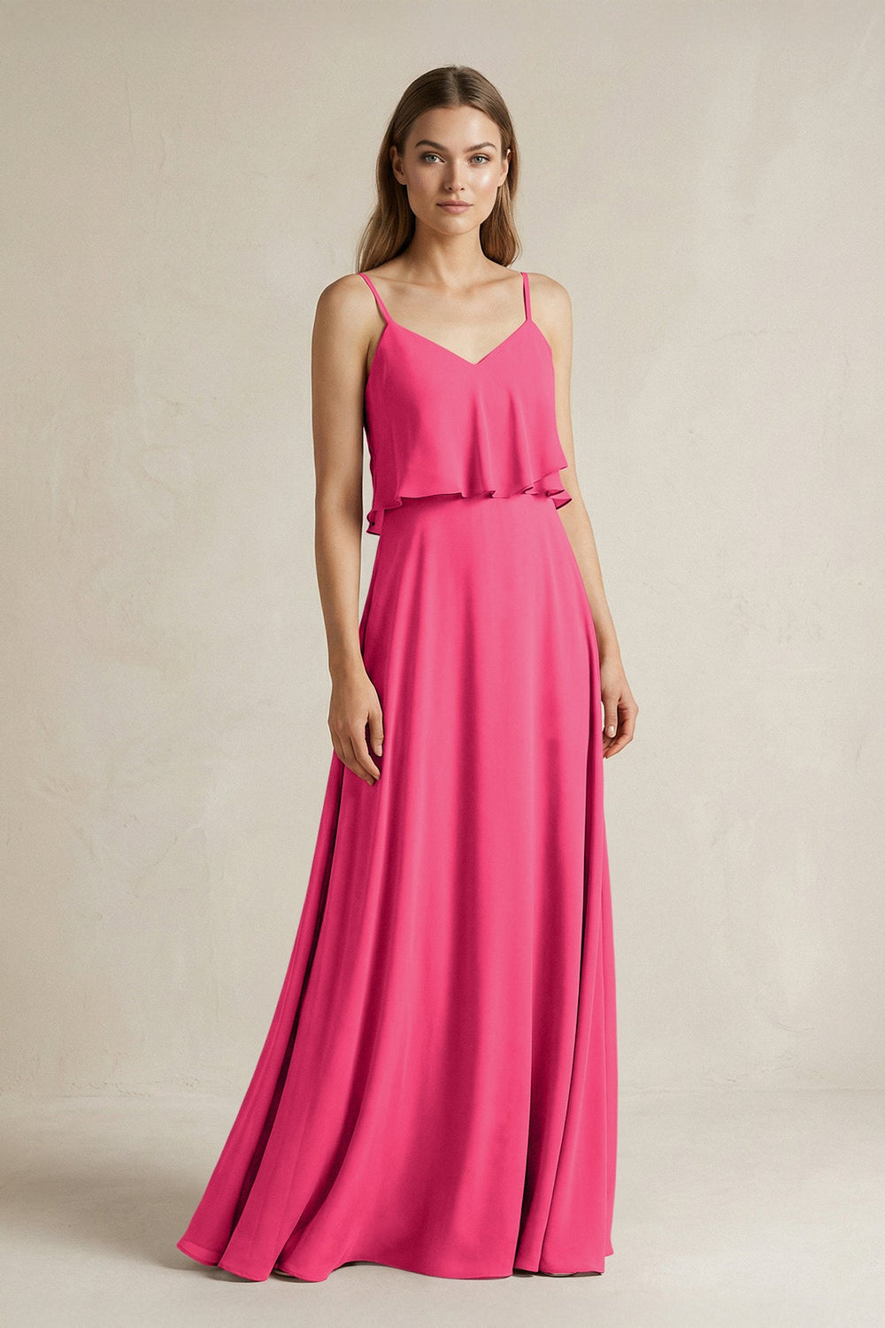 Ruffled Spaghetti Strap A-Line Chiffon Bridesmaid Dress in Fuchsia