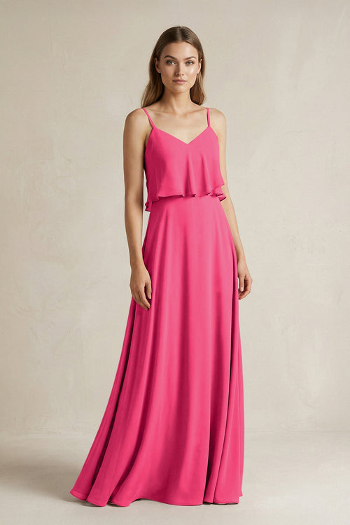 Fuchsia Ruffled Spaghetti Strap A-Line Chiffon Bridesmaid Dress in Fuchsia | KISSBRIDAL