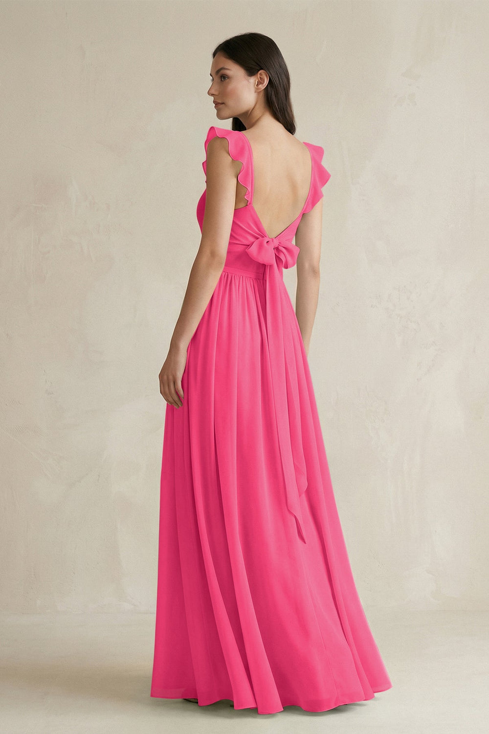 Ruffled Spaghetti Strap Chiffon A-Line Bridesmaid Dress in Fuchsia