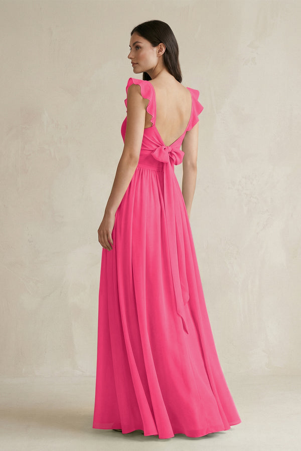 Fuchsia Ruffled Spaghetti Strap Chiffon A-Line Bridesmaid Dress (2) | KISSBRIDAL