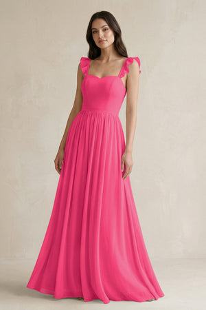 Fuchsia Ruffled Spaghetti Strap Chiffon A-Line Bridesmaid Dress | KISSBRIDAL