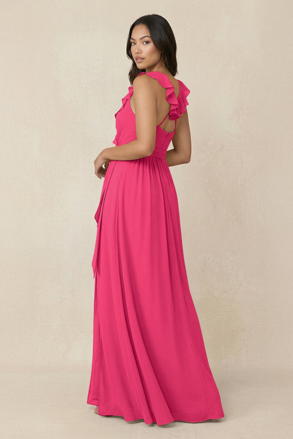 Fuchsia Ruffled V-Neck A-Line Chiffon Bridesmaid Dress (2) | KISSBRIDAL