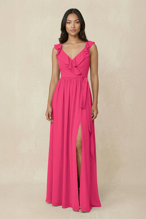 Fuchsia Ruffled V-Neck A-Line Chiffon Bridesmaid Dress | KISSBRIDAL