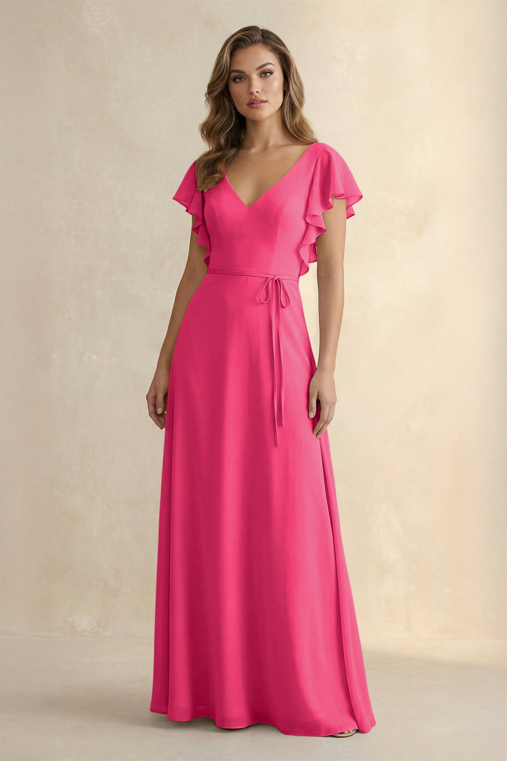 Ruffled V-Neck Chiffon A-Line Bridesmaid Dress in Fuchsia