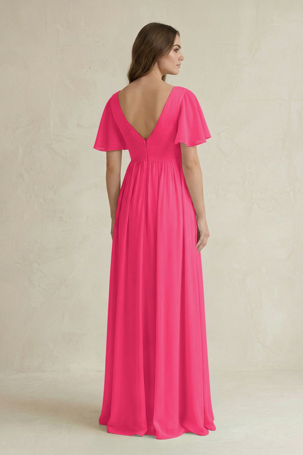Short Sleeve V-Neck A-Line Chiffon Bridesmaid Dress in Fuchsia