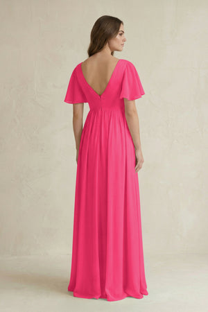 Fuchsia Short Sleeve V-Neck A-Line Chiffon Bridesmaid Dress (2) | KISSBRIDAL