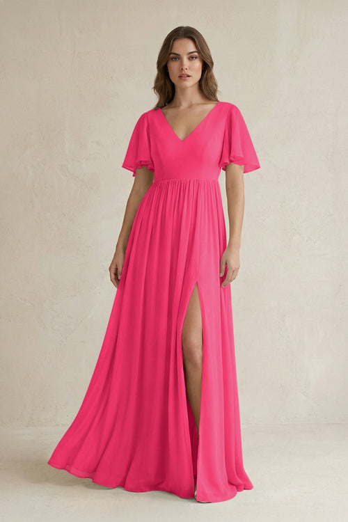 Fuchsia Short Sleeve V-Neck A-Line Chiffon Bridesmaid Dress | KISSBRIDAL