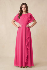Fuchsia Short Sleeves Bateau A-Line Chiffon Bridesmaid Dress | KISSBRIDAL