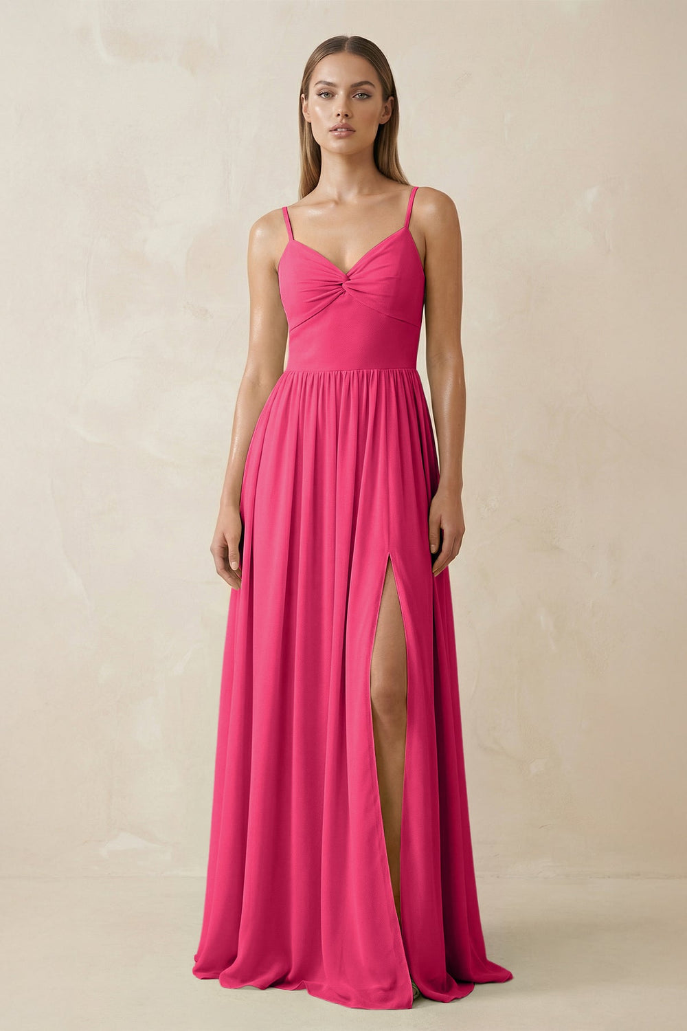 Spaghetti Strap Pleated A-Line Chiffon Bridesmaid Dress in Fuchsia