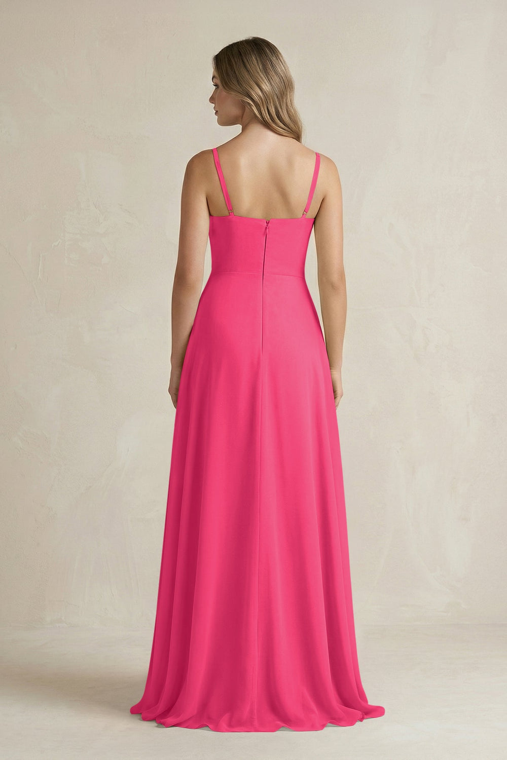 Spaghetti Strap Ruffled A-Line Chiffon Bridesmaid Dress in Fuchsia