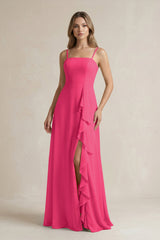 Fuchsia Spaghetti Strap Ruffled A-Line Chiffon Bridesmaid Dress | KISSBRIDAL