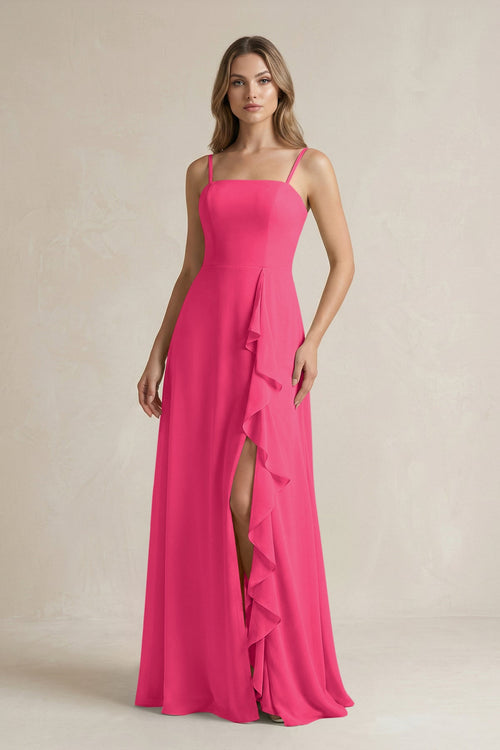 Fuchsia Spaghetti Strap Ruffled A-Line Chiffon Bridesmaid Dress | KISSBRIDAL