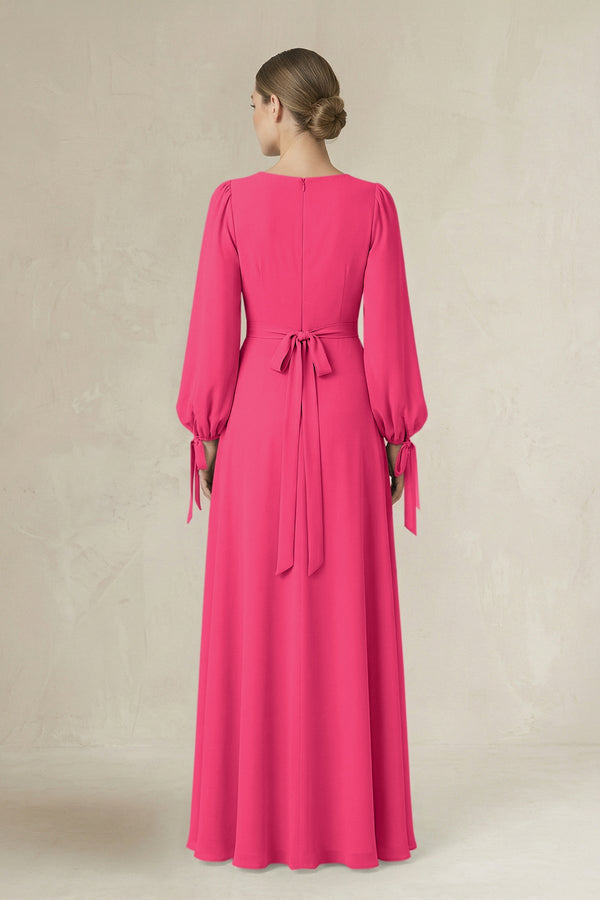 Fuchsia Square Neck Long Sleeve A-Line Chiffon Bridesmaid Dress in Fuchsia (2) | KISSBRIDAL