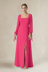 Fuchsia Square Neck Long Sleeve A-Line Chiffon Bridesmaid Dress in Fuchsia | KISSBRIDAL