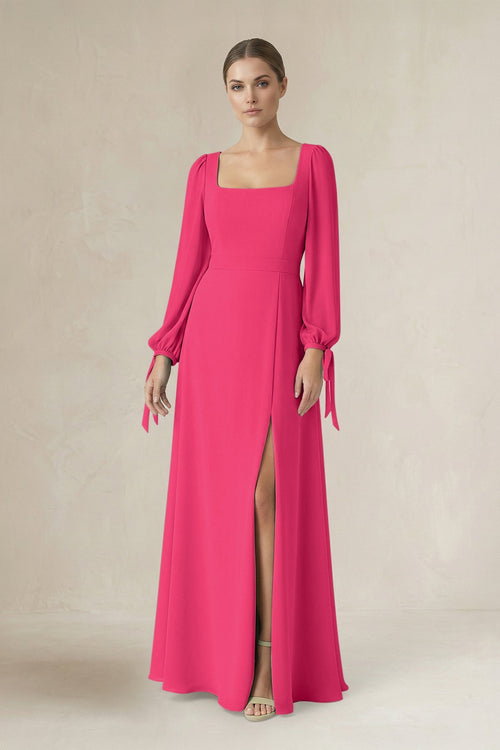 Fuchsia Square Neck Long Sleeve A-Line Chiffon Bridesmaid Dress in Fuchsia | KISSBRIDAL