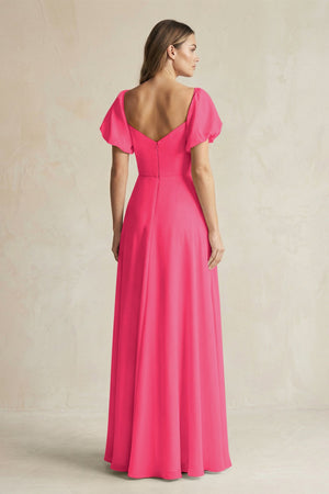 Fuchsia Sweetheart Puff Sleeve A-Line Chiffon Bridesmaid Dress (2) | KISSBRIDAL