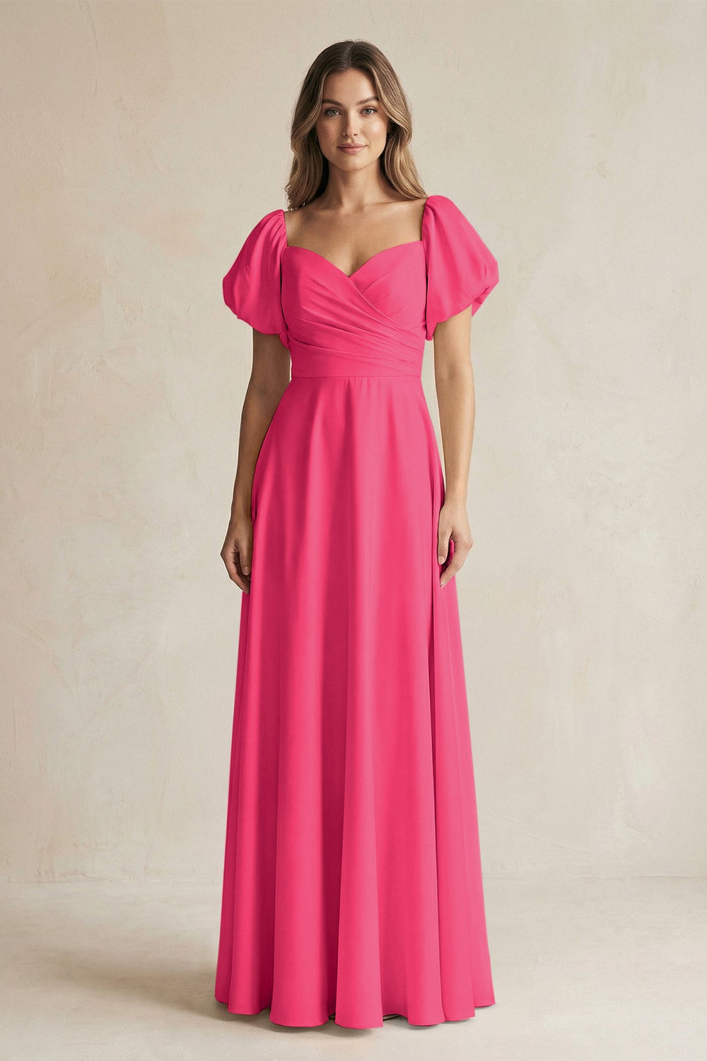 Sweetheart Puff Sleeve A-Line Chiffon Bridesmaid Dress in Fuchsia