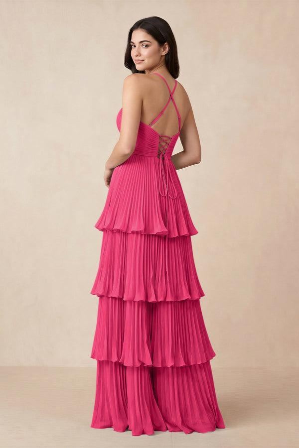 Fuchsia Tiered Pleated V-Neck A-Line Chiffon Bridesmaid Dress (2) | KISSBRIDAL