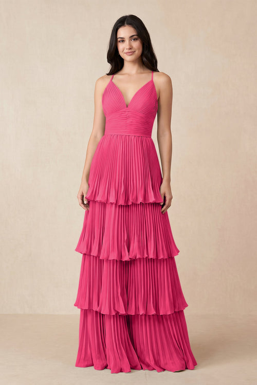 Fuchsia Tiered Pleated V-Neck A-Line Chiffon Bridesmaid Dress | KISSBRIDAL