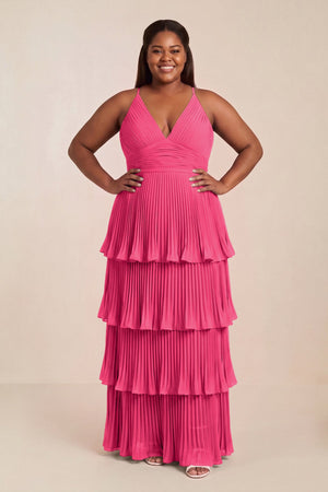 Fuchsia Tiered Pleated V-Neck A-Line Chiffon Bridesmaid Dress [sizeplus] | KISSBRIDAL