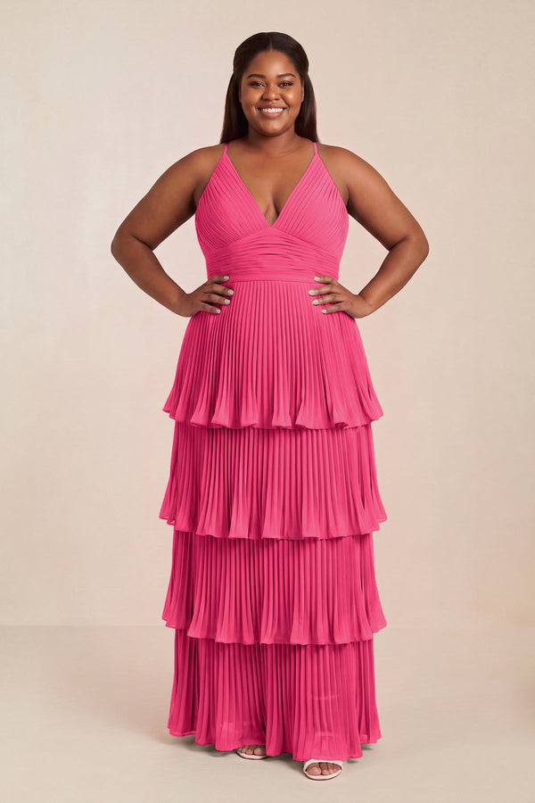 Fuchsia Tiered Pleated V-Neck A-Line Chiffon Bridesmaid Dress [sizeplus] | KISSBRIDAL