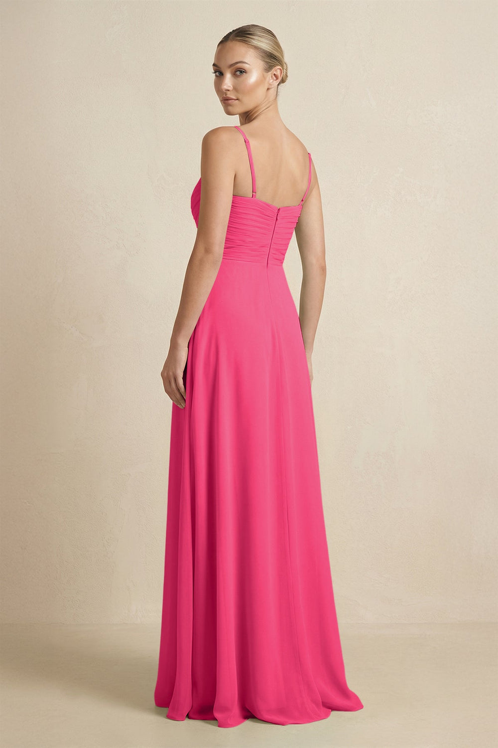 V-Neck A-Line Chiffon Pleated Bridesmaid Dress in Fuchsia