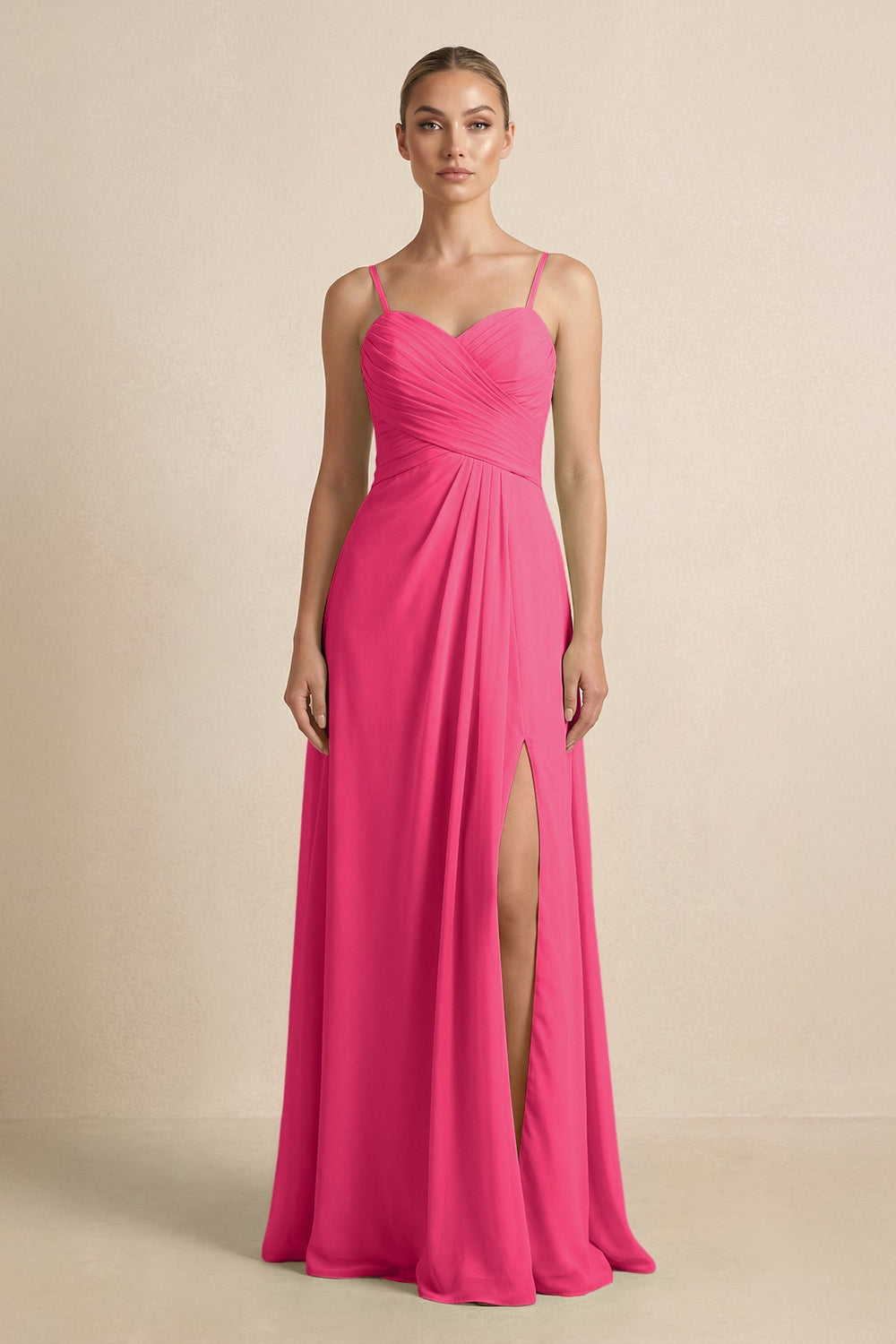 V-Neck A-Line Chiffon Pleated Bridesmaid Dress in Fuchsia
