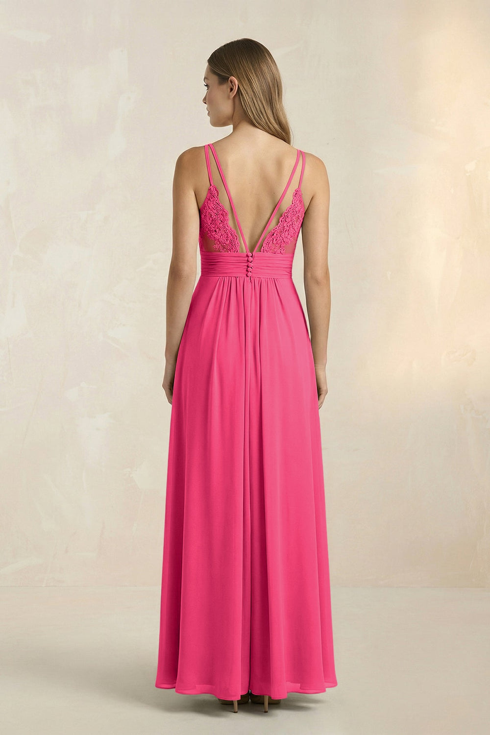 V-Neck A-Line Pleated Chiffon Bridesmaid Dress in Fuchsia