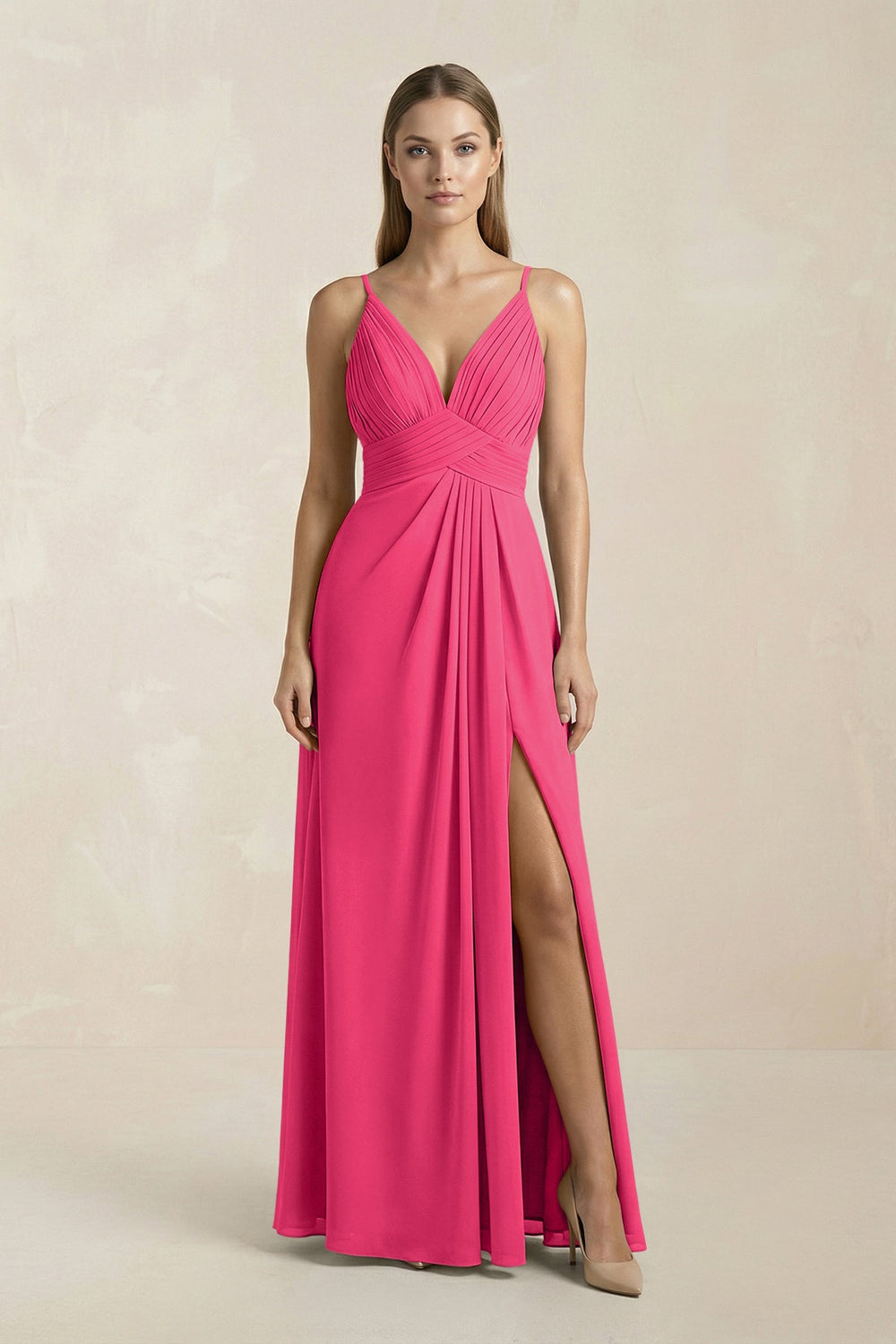 V-Neck A-Line Pleated Chiffon Bridesmaid Dress in Fuchsia