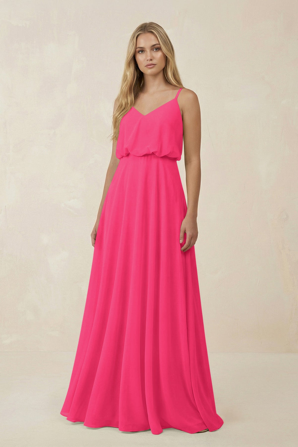 V-Neck Blouson A-Line Chiffon Bridesmaid Dress in Fuchsia