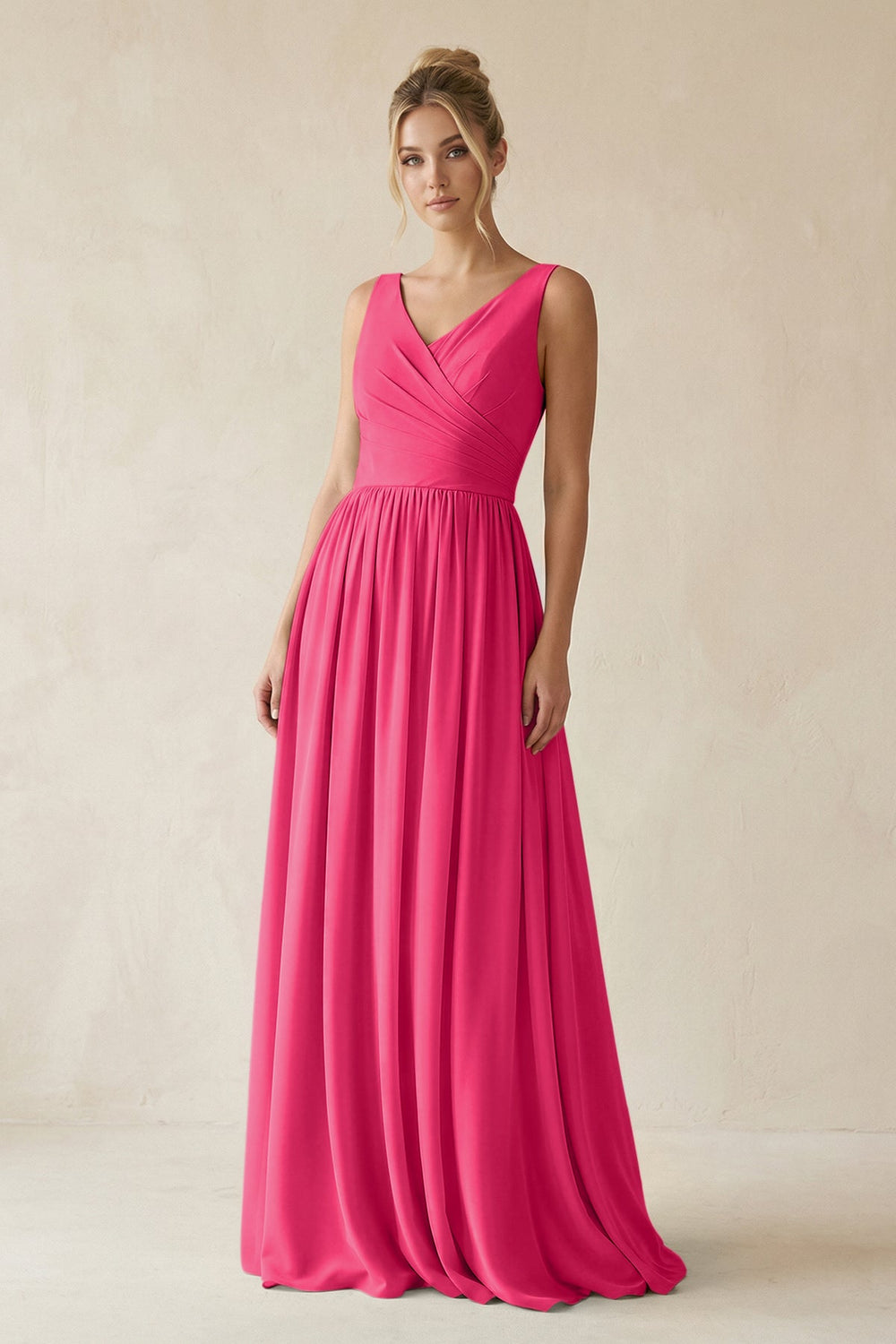 V-Neck Chiffon A-Line Long Bridesmaid Dress in Fuchsia