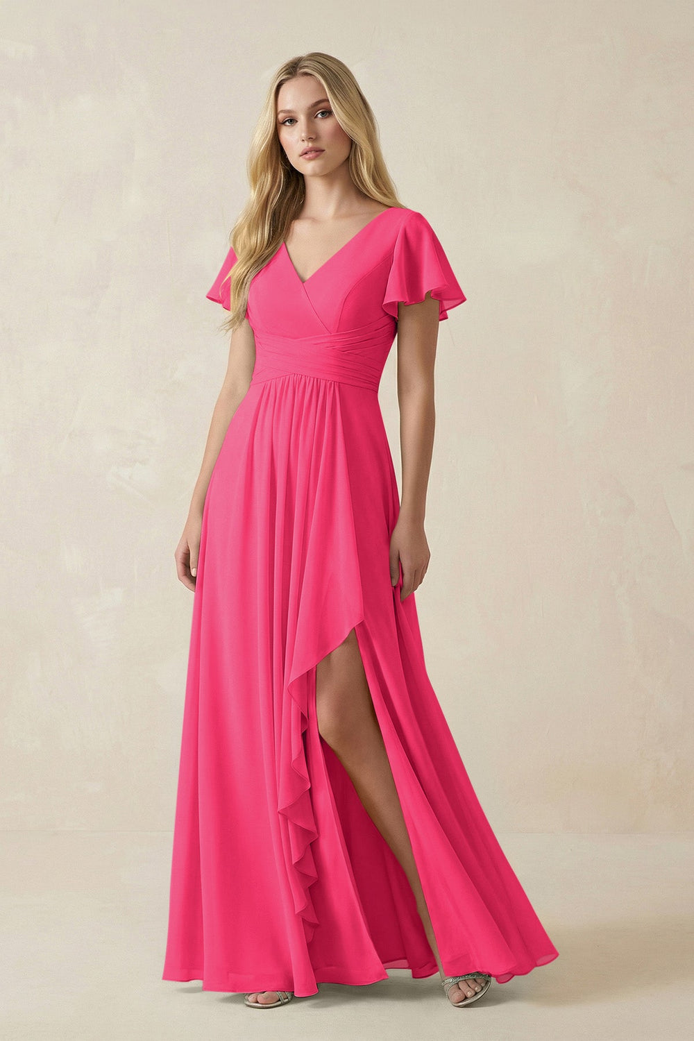 V-Neck Flutter Sleeve A-Line Chiffon Bridesmaid Dress in Fuchsia