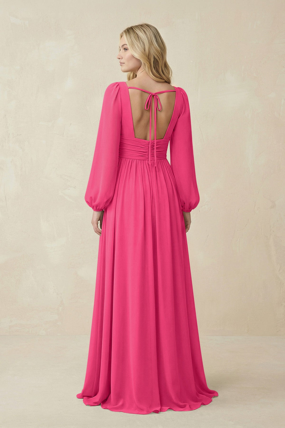 V-Neck Long Sleeve A-Line Chiffon Bridesmaid Dress in Fuchsia