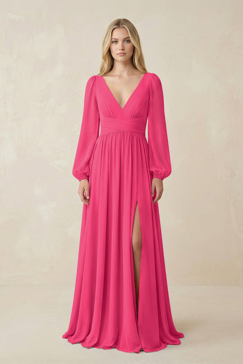 V-Neck Long Sleeve A-Line Chiffon Bridesmaid Dress in Fuchsia