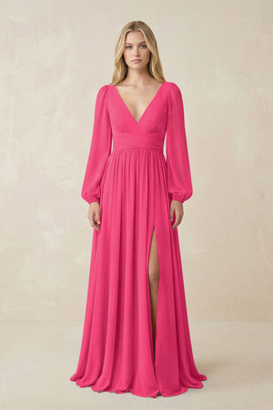 Fuchsia V-Neck Long Sleeve A-Line Chiffon Bridesmaid Dress | KISSBRIDAL