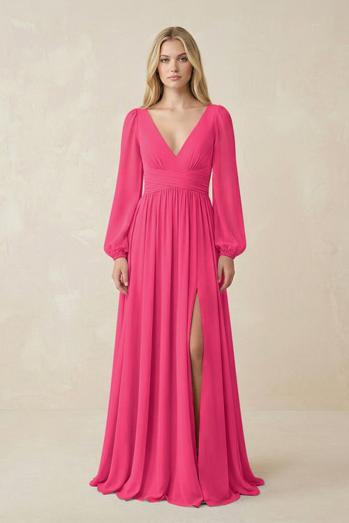 Fuchsia V-Neck Long Sleeve A-Line Chiffon Bridesmaid Dress | KISSBRIDAL