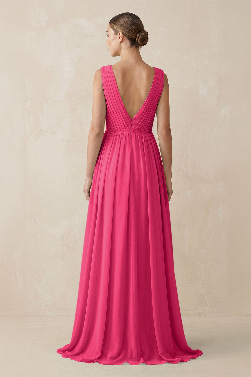 V-Neck Pleated A-Line Chiffon Bridesmaid Dress in Fuchsia