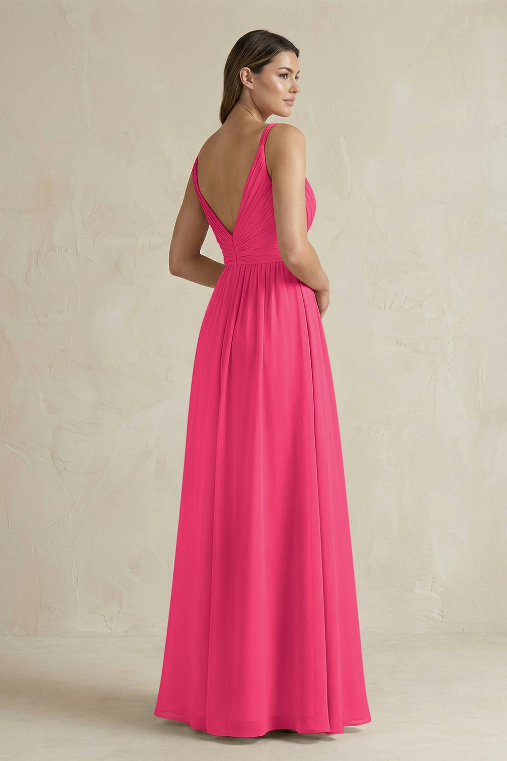 V-Neck Pleated A-Line Chiffon Bridesmaid Dress in Fuchsia