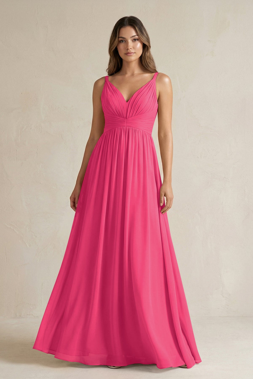 V-Neck Pleated A-Line Chiffon Bridesmaid Dress in Fuchsia