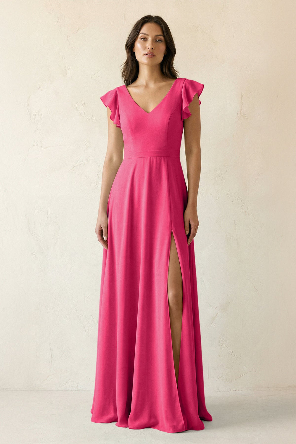 V-Neck Ruffled A-Line Chiffon Bridesmaid Dress in Fuchsia