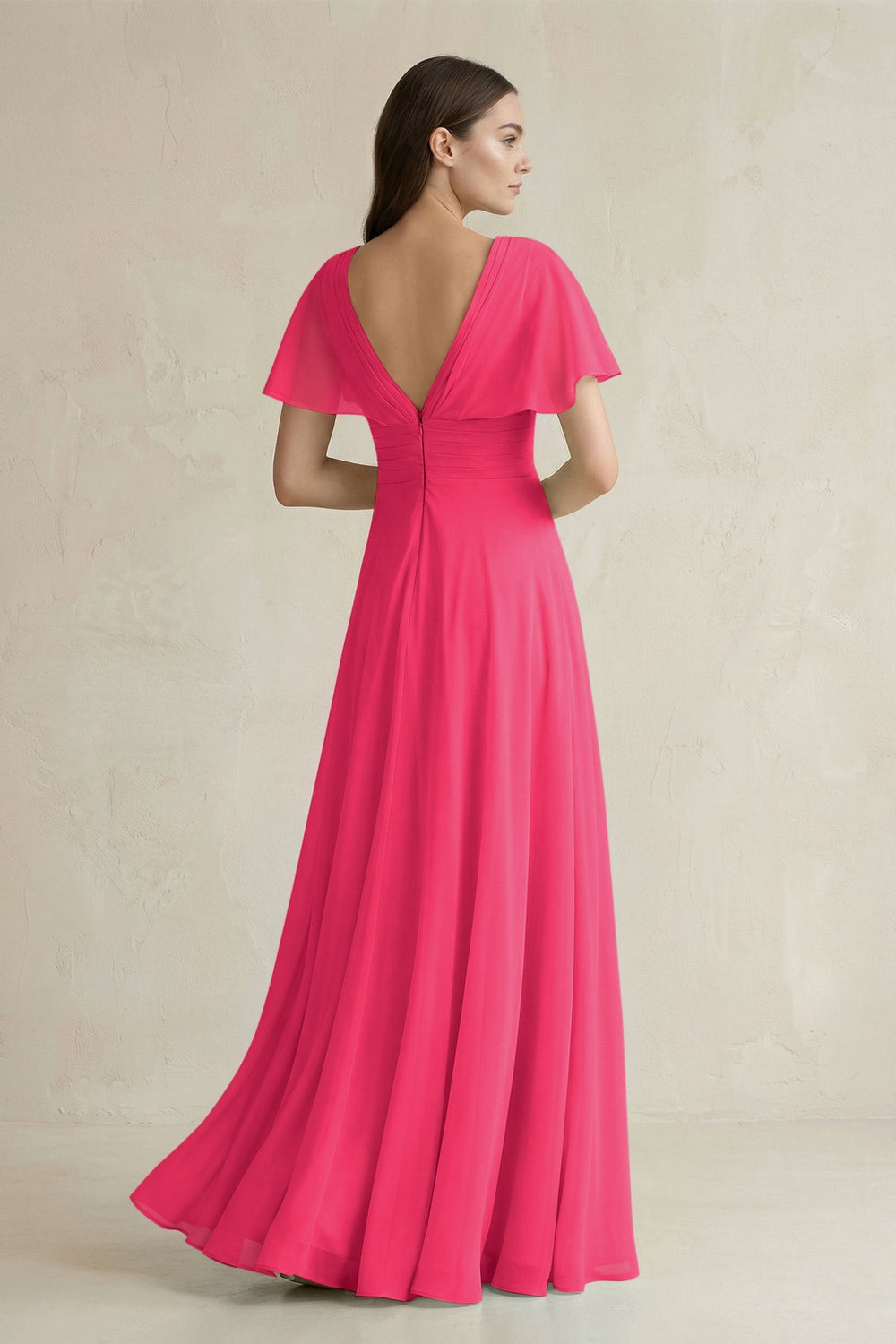 V-Neck Ruffled Sleeve A-Line Chiffon Bridesmaid Dress in Fuchsia