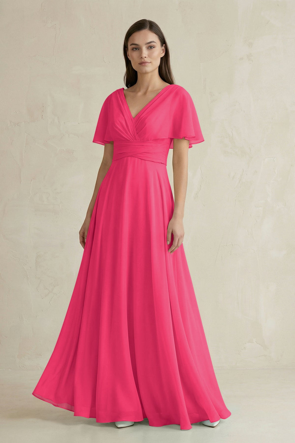 V-Neck Ruffled Sleeve A-Line Chiffon Bridesmaid Dress in Fuchsia