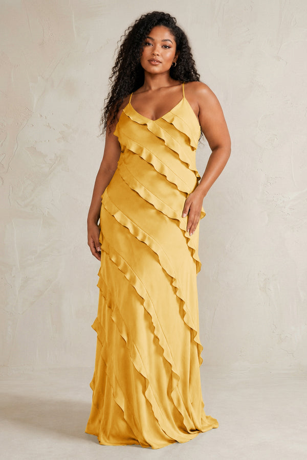 Gold Spaghetti Straps Sheath Stain Ruffled Bridesmaid Dress (3) | KISSBRIDAL[sizeplus]