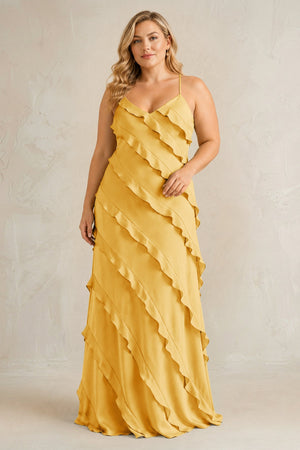 Gold Spaghetti Straps Sheath Stain Ruffled Bridesmaid Dress | KISSBRIDAL[sizeplus]
