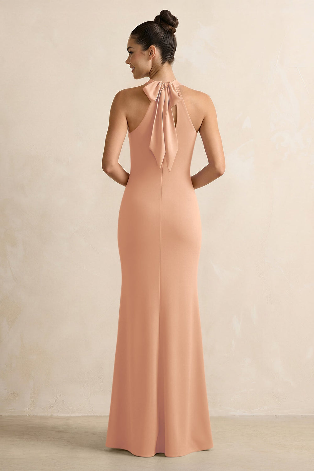 Crisscross Halter Sheath Satin Bridesmaid Dress with Bow in Golden Champagne